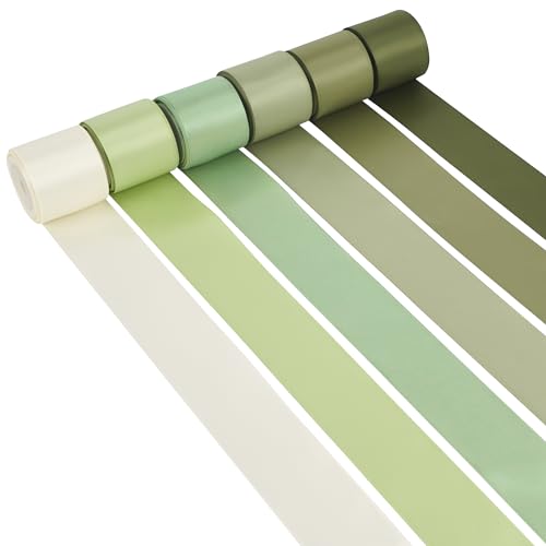 6 Rolls Sage Green Ribbon 1-1/2 inch Light Sage/Dusty Sage/Moss Green/Antique White Satin Ribbon Set for Flower Bouquet, Gift Wrapping, Hair Bows, Crafts, Eternal Flowers-