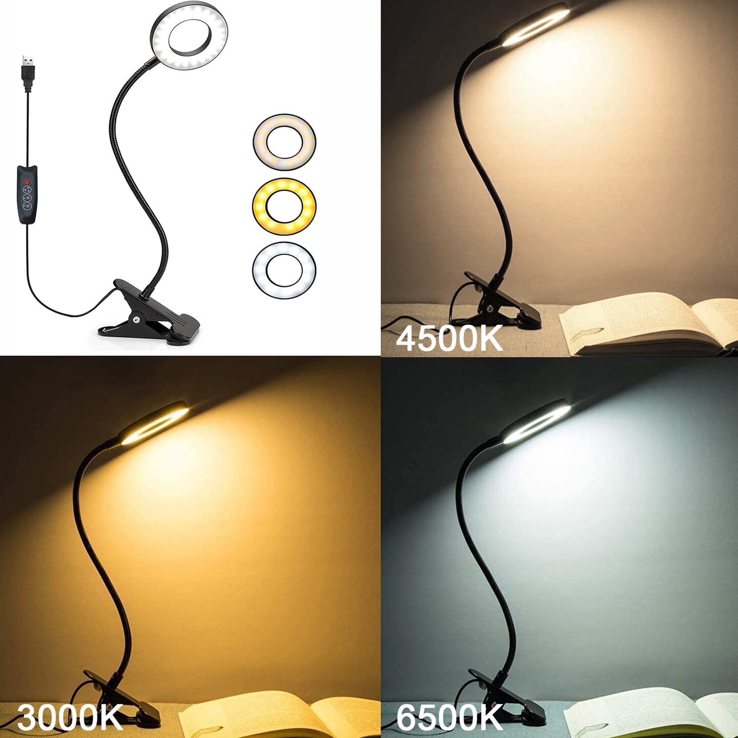 Foneso Desk Lamp Clip on Light, 48 LED USB Lamp with 3 Color Modes 10 Brightness Levels, 360&#xB0; Flexible Gooseneck Eye Protection Bed Night Light for Reading, Makeup, Fill Light (Black)