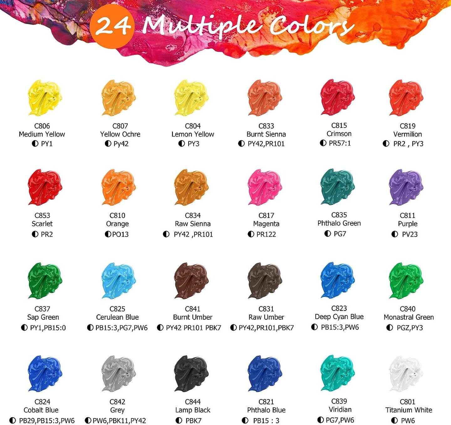 Acrylic Paint Set with 12 Brushes, 24 Colors (120ml, 4oz), for Artists, Kids, Beginners, Mother's Day Gift