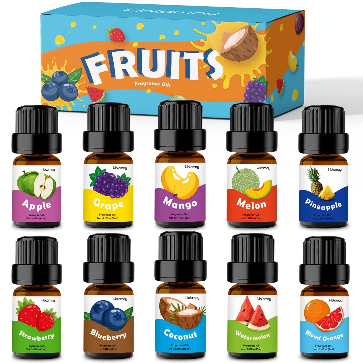 Fruity Fragrance Oil for Candle &#x26; Soap Making, Holamay Premium Essential Oils 5ml x 10 - Coconut, Strawberry, Mango, Pineapple, Summer Aromatherapy Diffuser Oils Set