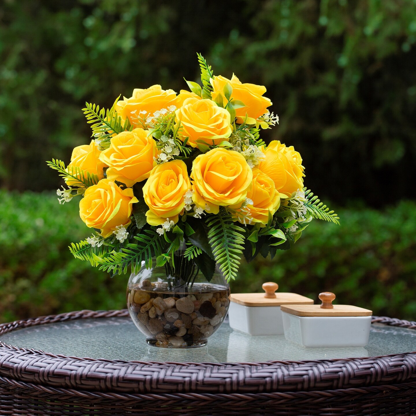 18 Heads Silk Rose Artificial Flowers in Vase,Faux Rose Flowers Arrangement in Round Bowl Vase with Faux Water and River Rock for Table Deco - image14