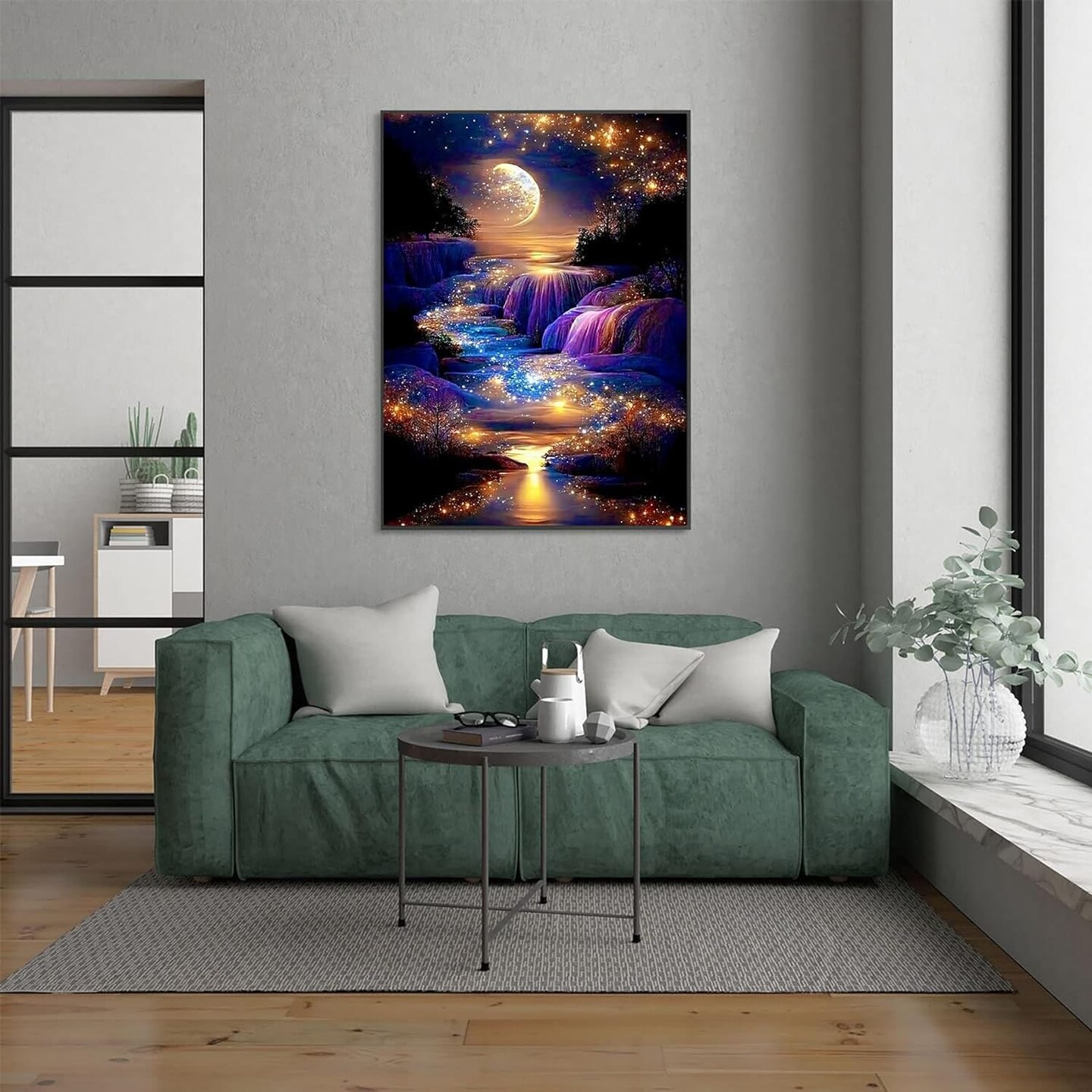 5D Diamond Painting Kits for Adults Beginners, Moonlight Waterfall Diamond Art Kits, DIY Full Round Drill Night Moon Landscape Paint with Diamonds Gem Art, Home Wall Decor 12 x 16 inches