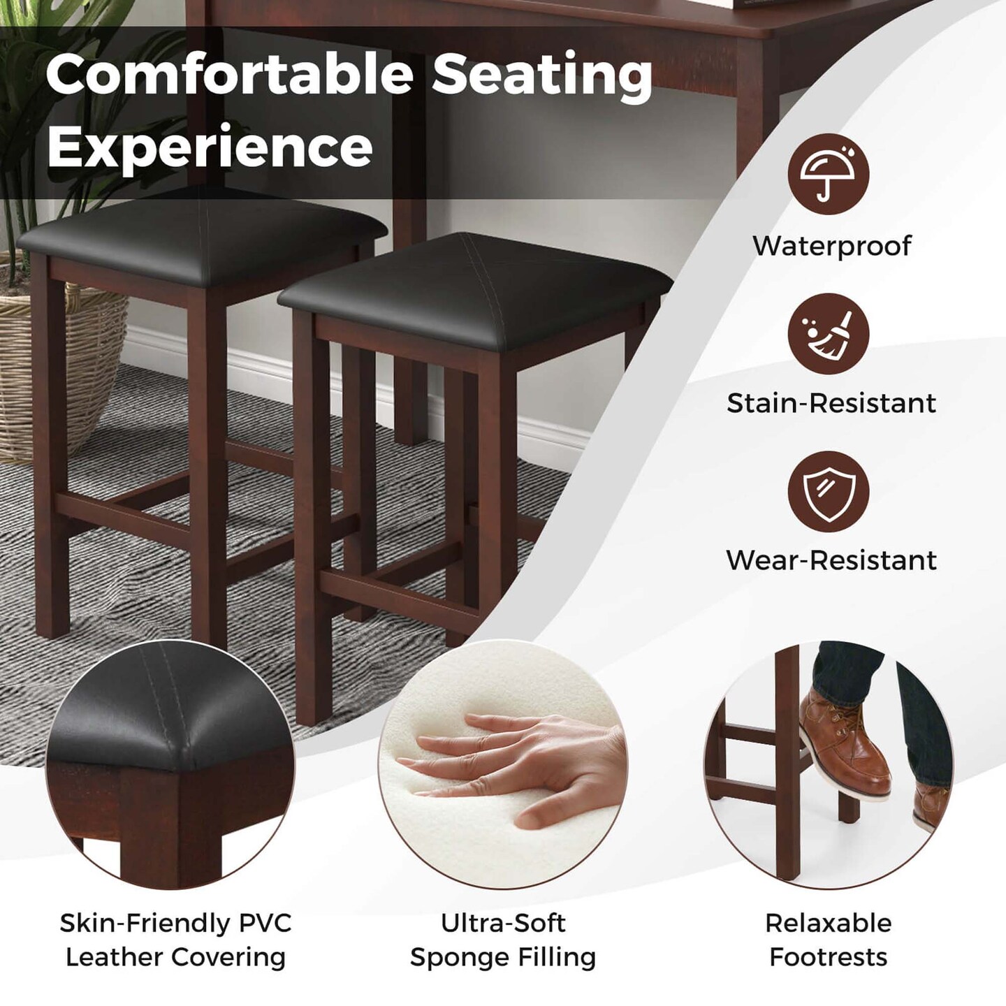 Costway 3 PCS Bar Table Set Dining Table &#x26; 2 PVC Leather Upholstered Bar Stools Rustic Brown/White