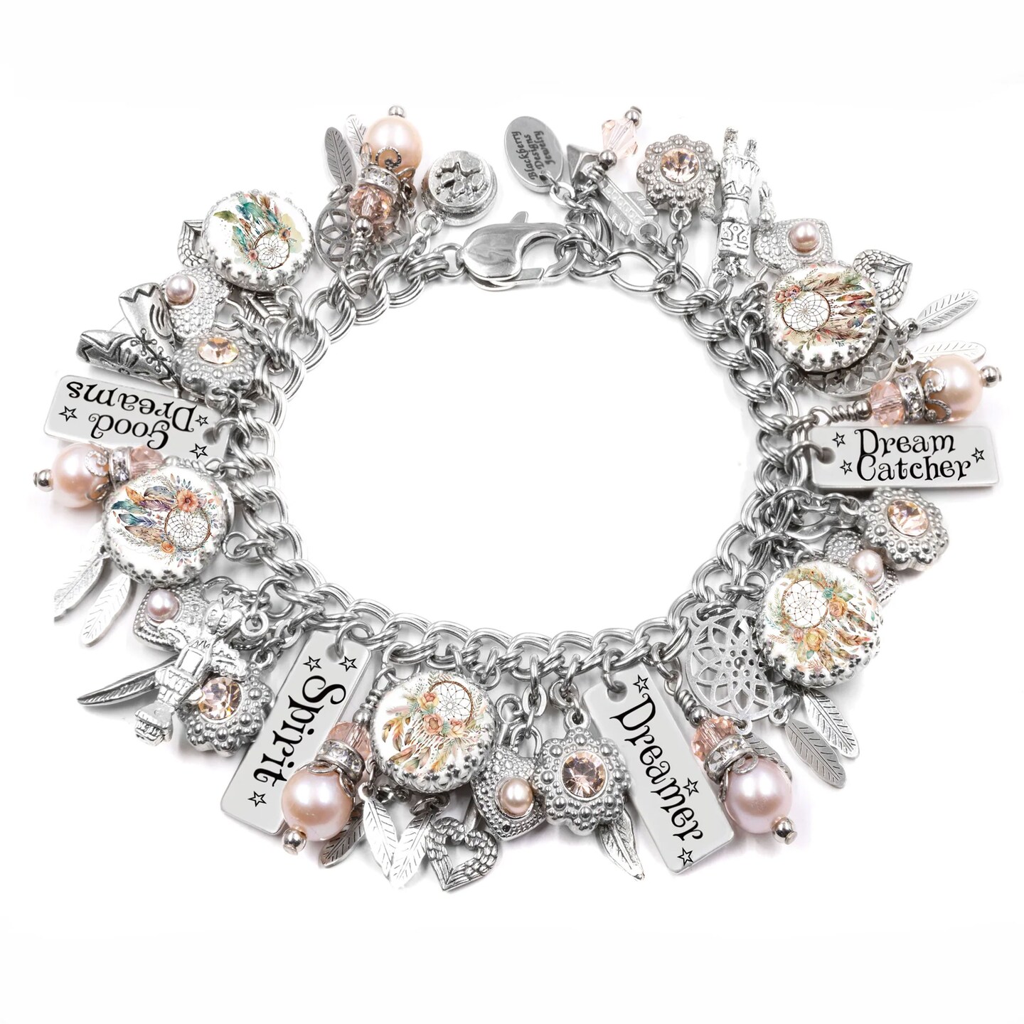 Dreamcatcher Bracelet, Feather Jewelry with Real Pearls and