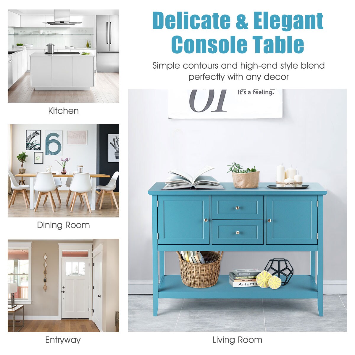 Costway Sideboard Buffet Table Wooden Console Table w/ Drawers &#x26; Storage Cabinets Blue/Brown/Gray/Beige