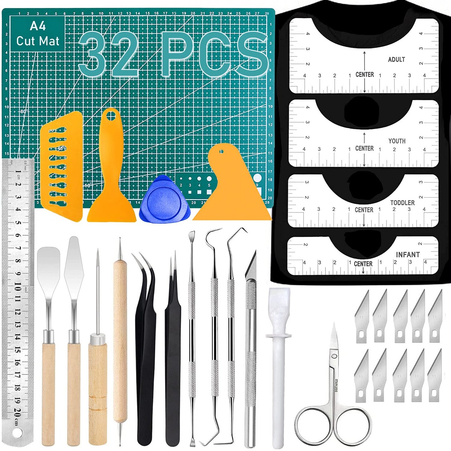 32Pack Vinyl Weeding Tools with T-Shirt Alignment Ruler Kit, Weeding Tools for Vinyl, Vinyl Weeding Tools Kit for Weeding Vinyl, DIY Art &#x26; Craft, Silhouettes, Cameos, Cutting, Scrapbook
