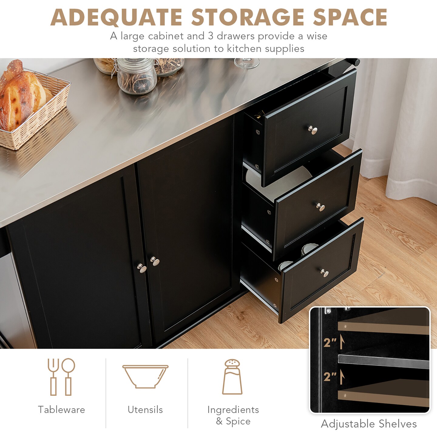 Costway Kitchen Island 2-Door Storage Cabinet Stainless Steel Top w/ Drawers