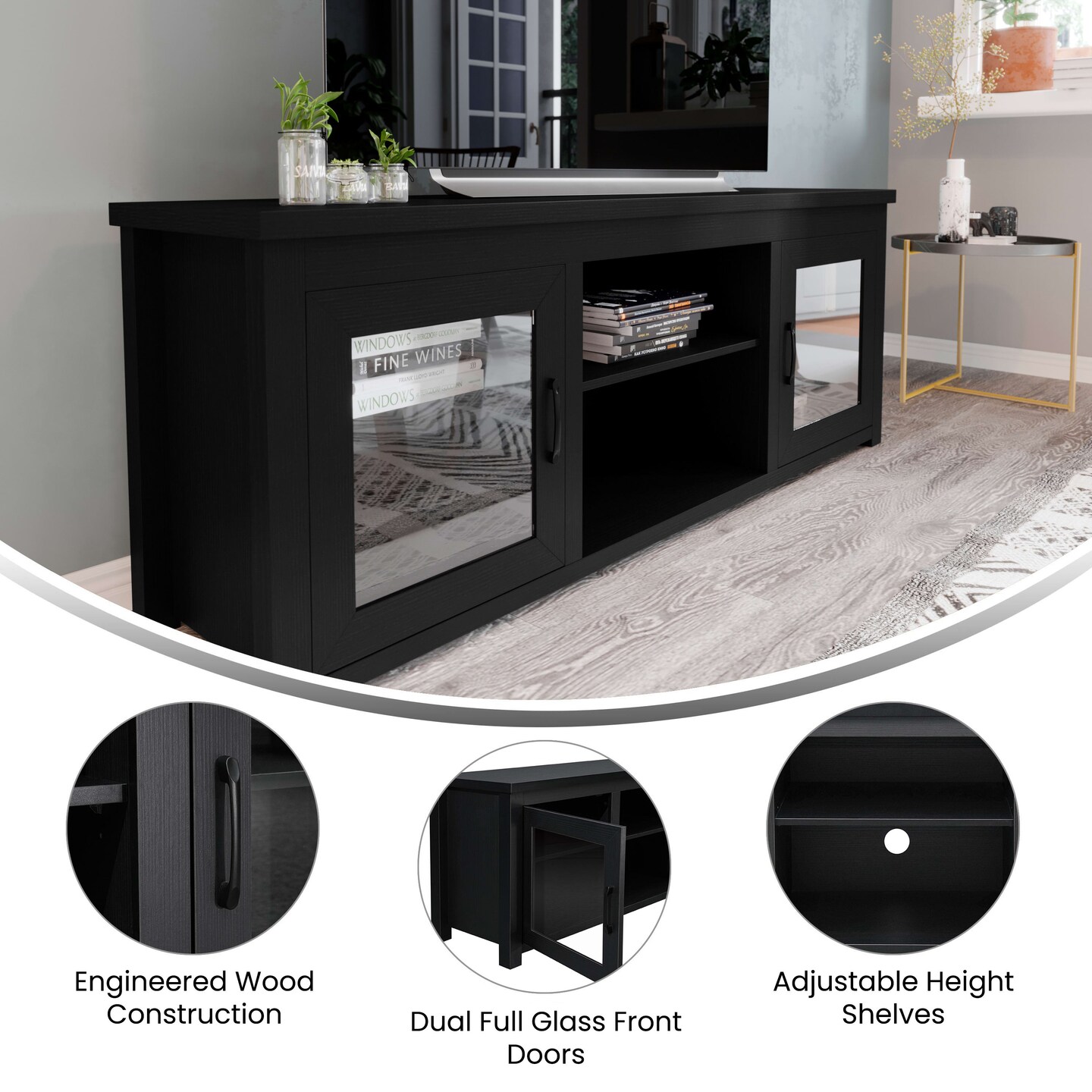 Merrick Lane Galena Traditional Full Glass Door 65&#x22; TV Stand for up to 80&#x22; TVs