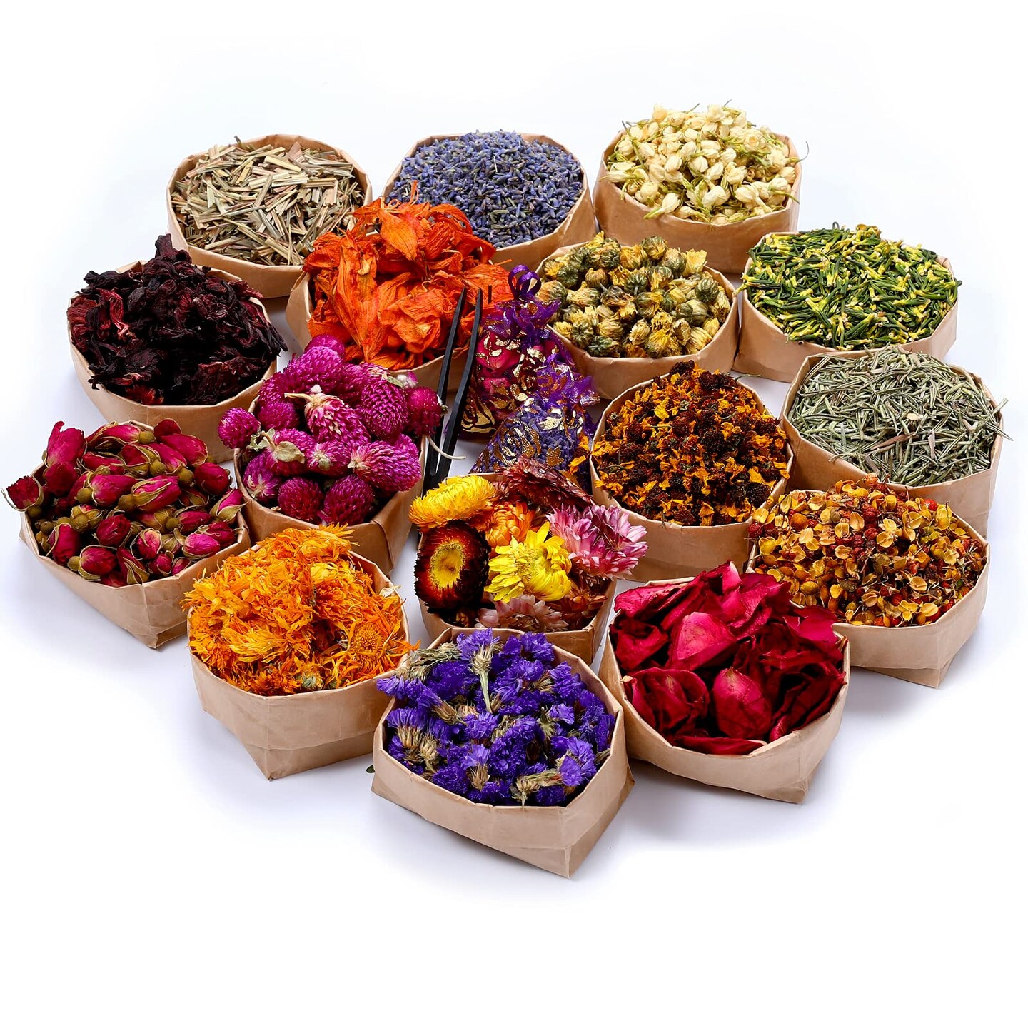 16 Bags Dried Flowers,100% Natural Dried Flowers Herbs Kit for Soap Making, DIY Candle Making,Bath - Include Rose Petals,Lavender,Don&#x27;t Forget Me,Lilium,Jasmine,Rosebudsand More