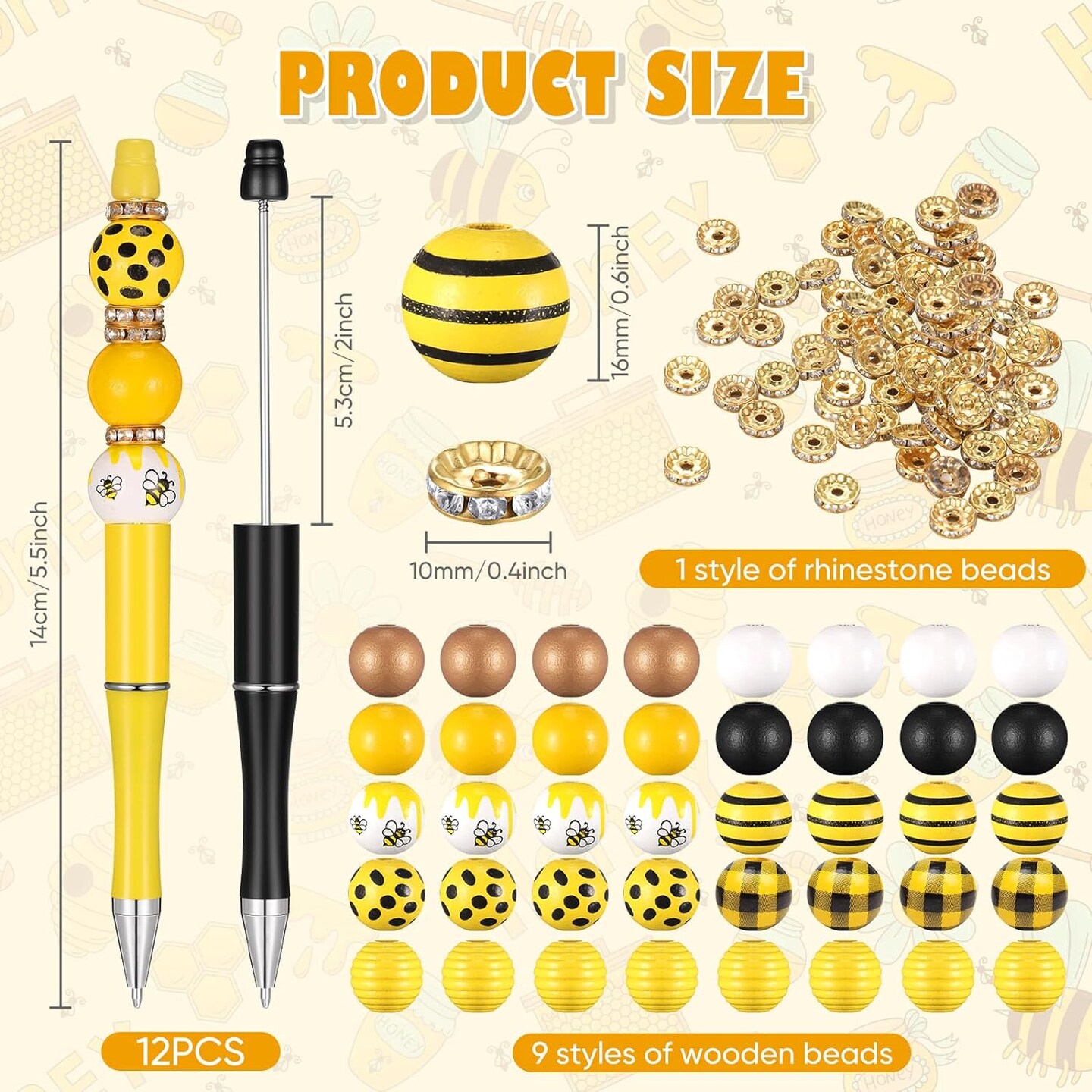 12 Set Beadable Pens DIY Kit - Assorted Beads, Black Ink, Bee Design