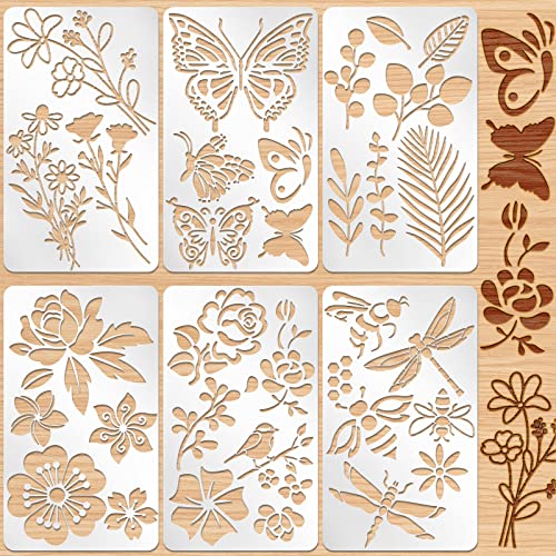 Lewtemi 6 Pcs Mixed Metal Stencil Wood Stencil Templates Stencils for Journaling Wood Burning Stencils for Wood Carving Drawing Engraving Scrapbooking Journal Craft DIY(Plant Style)