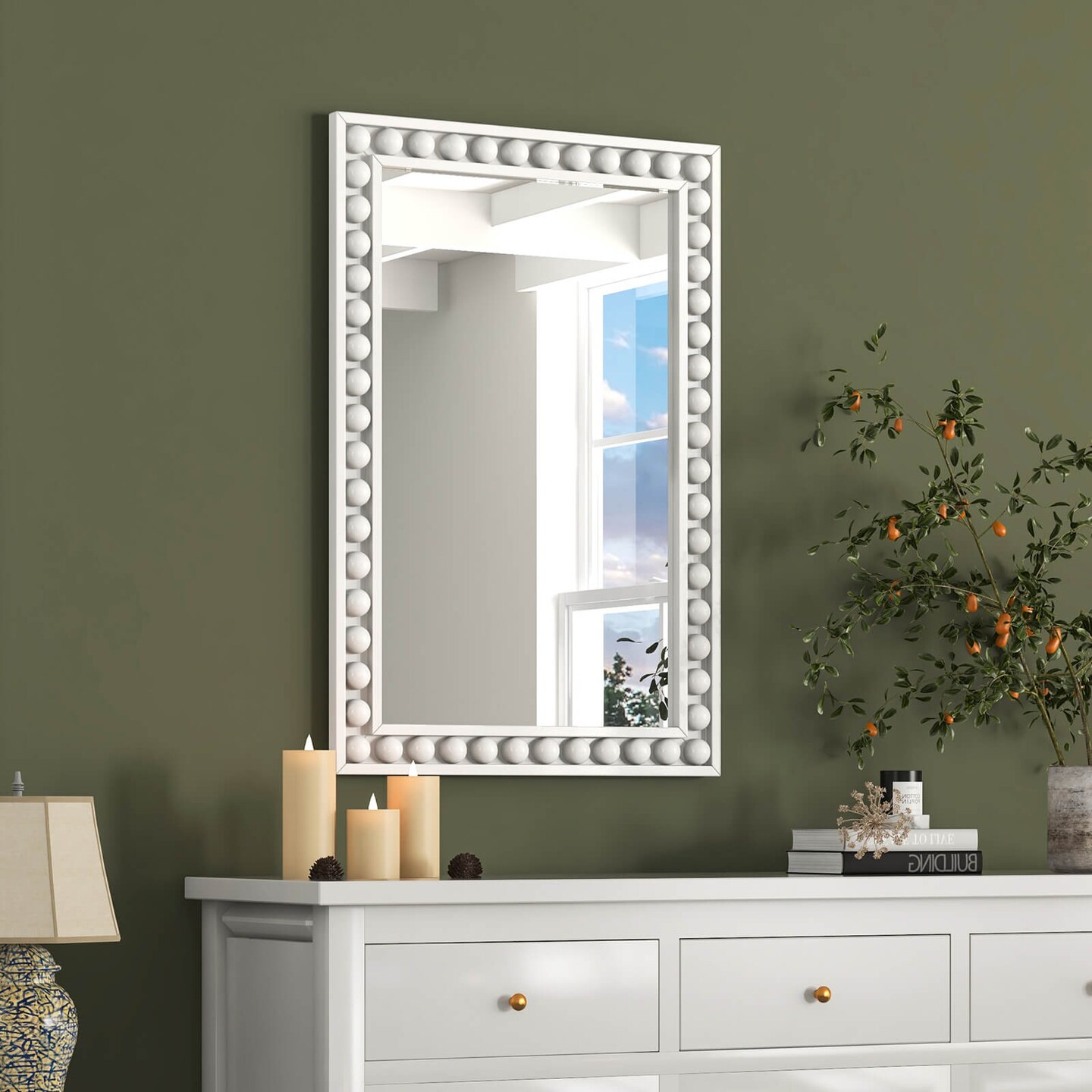 Costway 24&#x22; x 36&#x22; Rustic Decorative Wall Mirror with Solid Wood Frame Beads for Living Room Brown/White