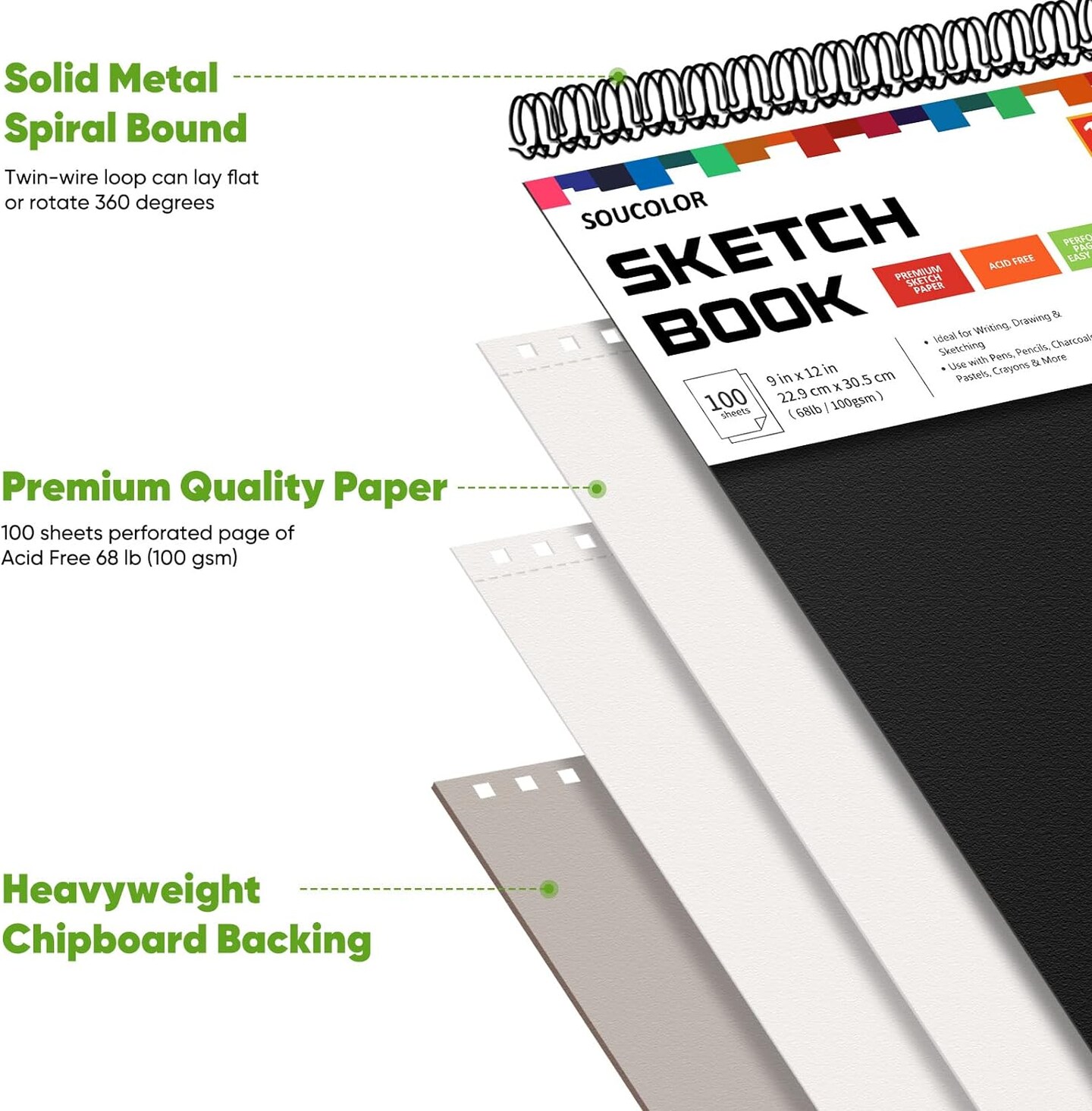 9&#x22; x 12&#x22; Sketch Book, 1-Pack 100 Sheets Spiral Bound Art Sketchbook (68lb/100gsm). Acid-free artist drawing book paper painting sketching pad for kids, students, adults, and beginners.