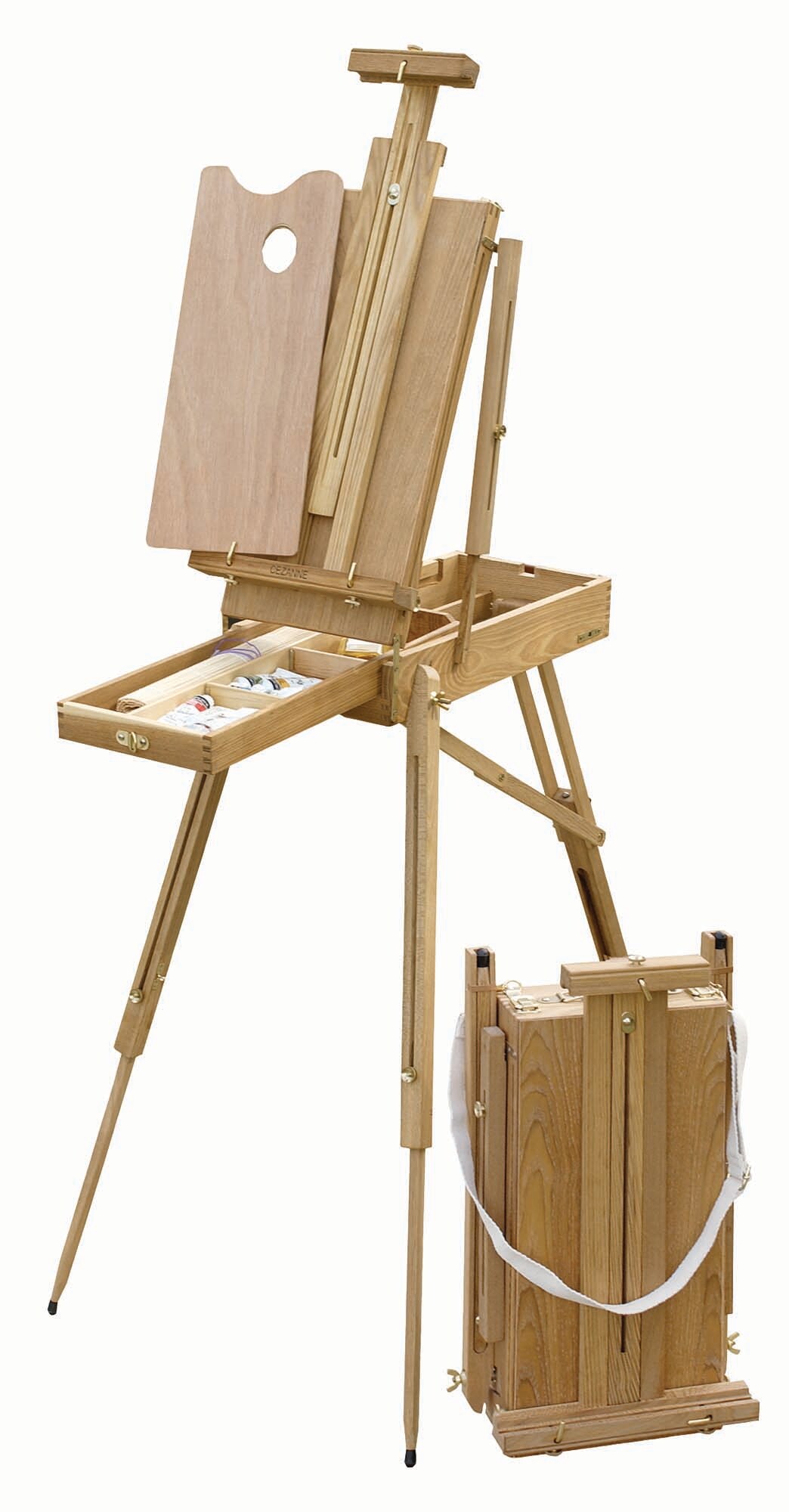 Creative Mark Cezanne Half Box French Easel - Oiled Elm Wood Plein Air Artist Easel, Holds Canvas Up to 33&#x22;, Comfortable Handle, Divided Supplies Drawer, Brass Hardware, Telescoping Legs