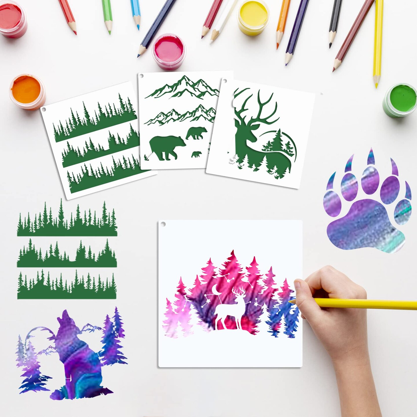 10 Pieces Bear Deer Wolf Mountain Stencil Pine Tree Wildlife Forest Animal Stencils Template Wood Burning Stencils Reusable Patterns Moon Claw Stencils for Painting on Wood Crafts Wall (forest animal 1)