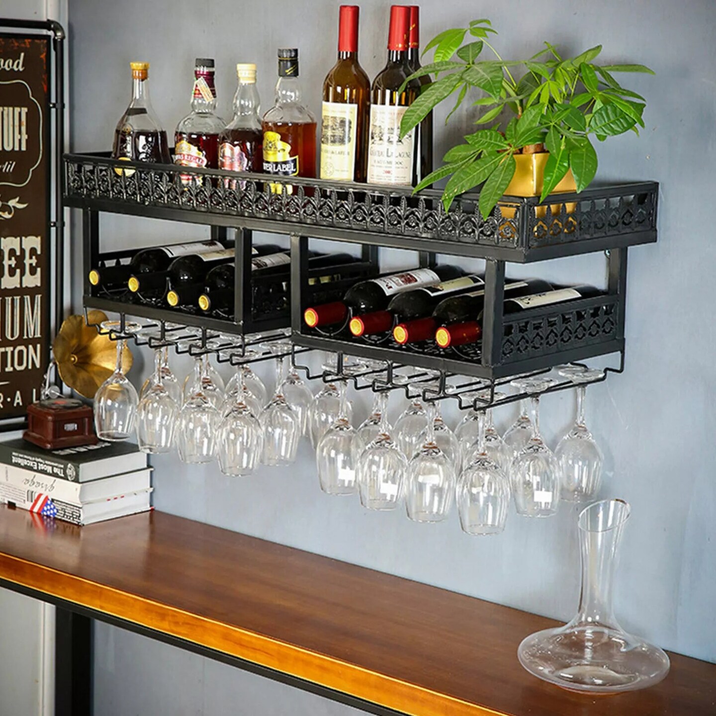 2 Tier Wall Mount Metal Wine Rack Storage Shelf Hanging Glass Holder Bar Home