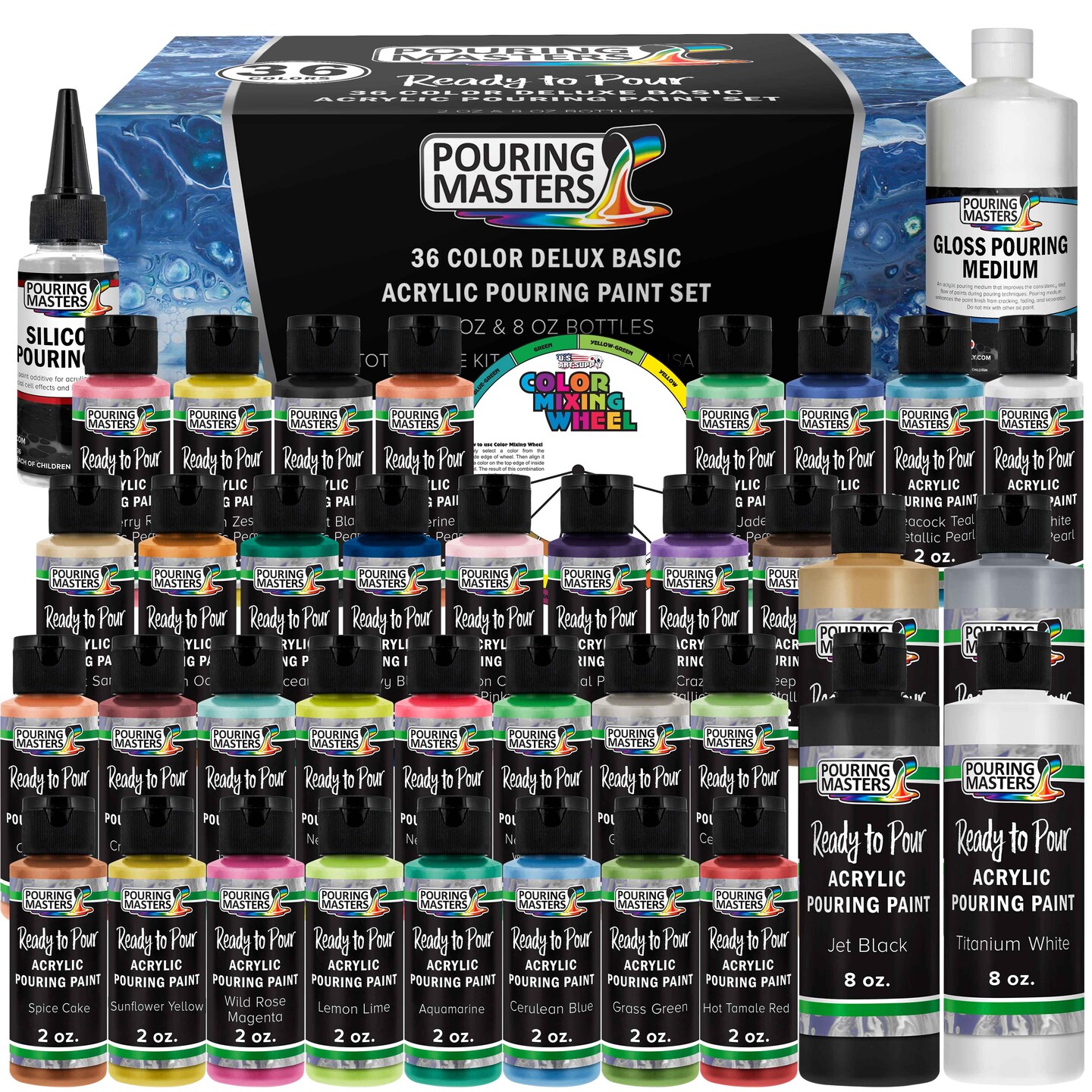 36-Color Ready to Pour Acrylic Pouring Paint Set with Silicone Oil &#x26; Gloss Medium - Premium Pre-Mixed High Flow 2-Ounce &#x26; 8-Ounce Bottles