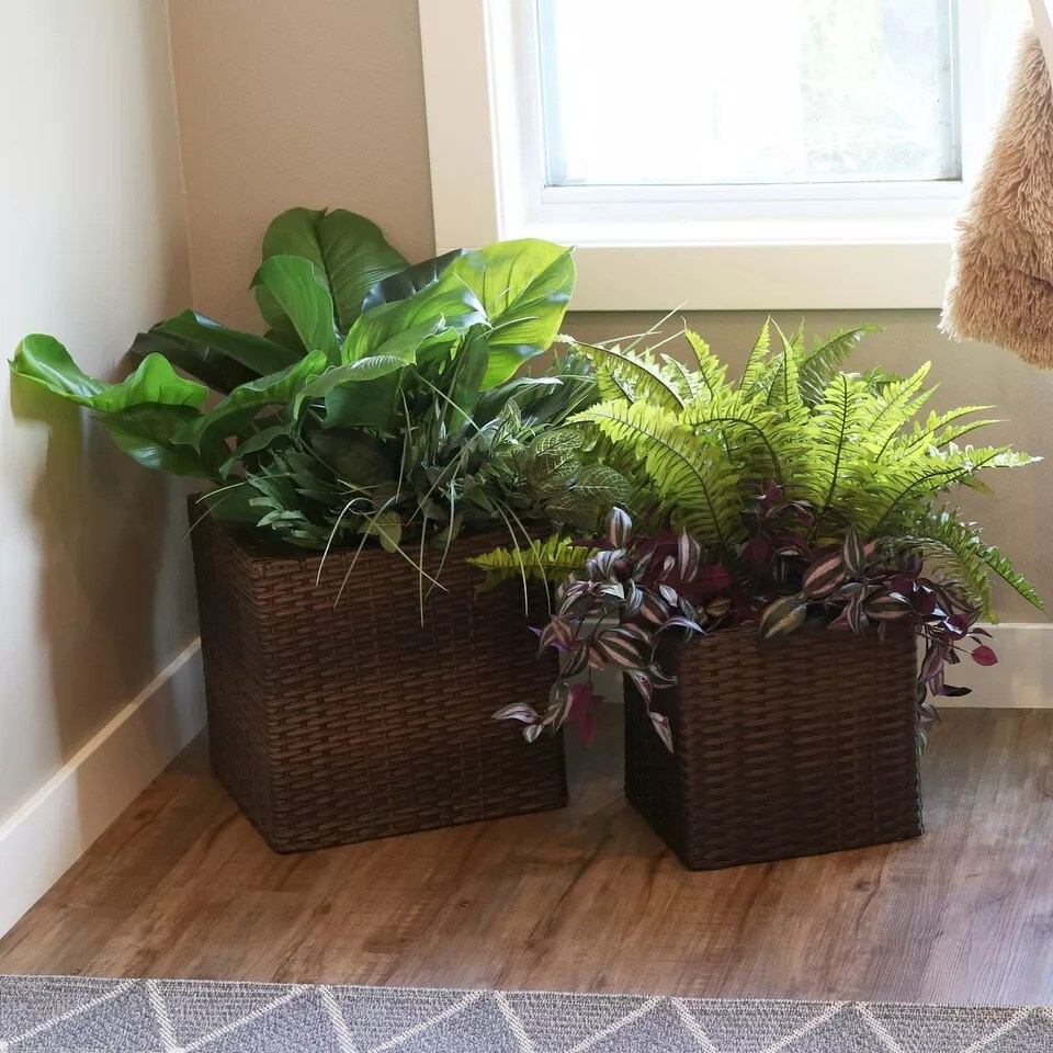 Polyrattan Indoor Square Planter - Brown - 11 in, 14 in