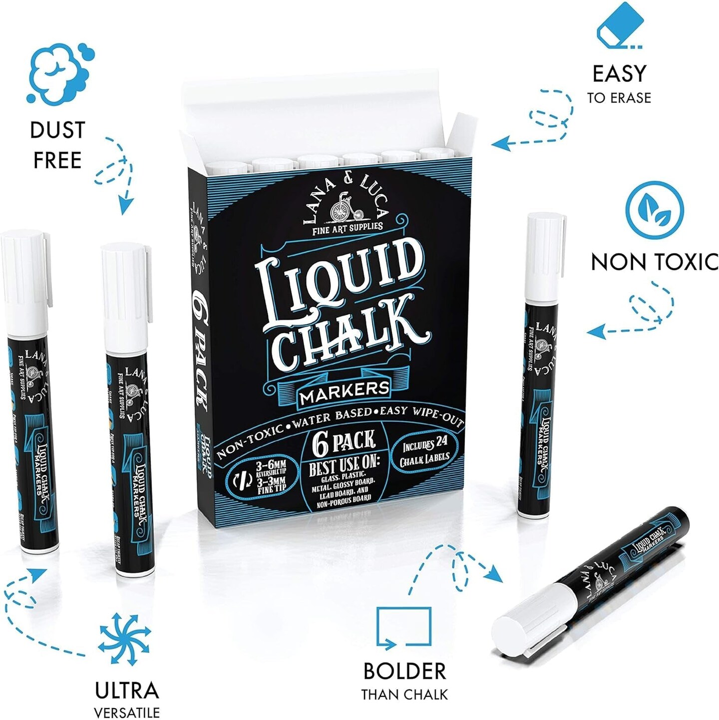 Liquid Chalk Marker Pen - White, Dry Erase for Chalkboard Signs, Windows, Blackboard, Glass with 24 Chalkboard Labels Included (6 Pack) 3-6Mm Reversible Tip, 3-3Mm Fine Tip