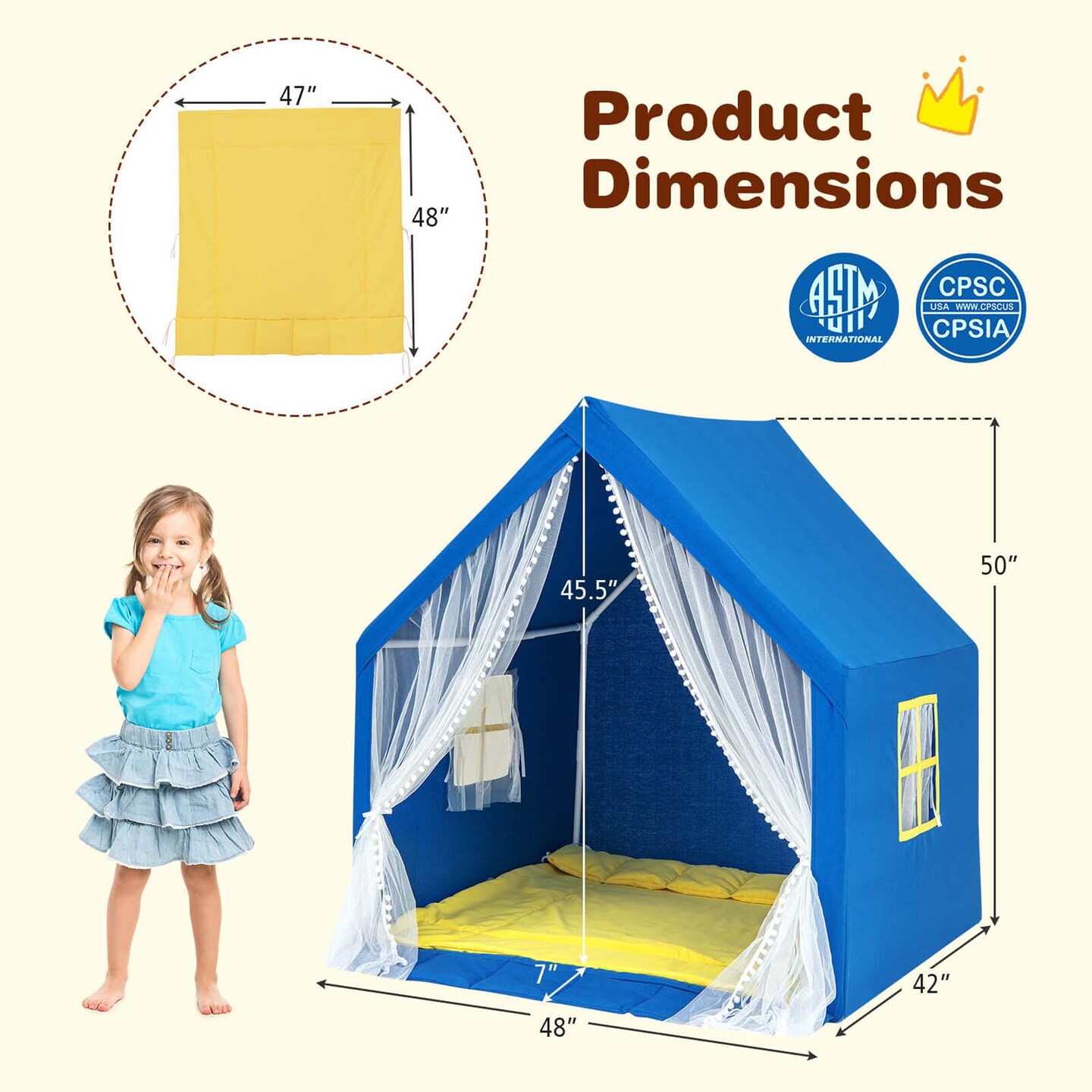 Costway Large Play Tent  Kids &#x26; Toddlers Playhouse with Washable Cotton Mat, Star Lights