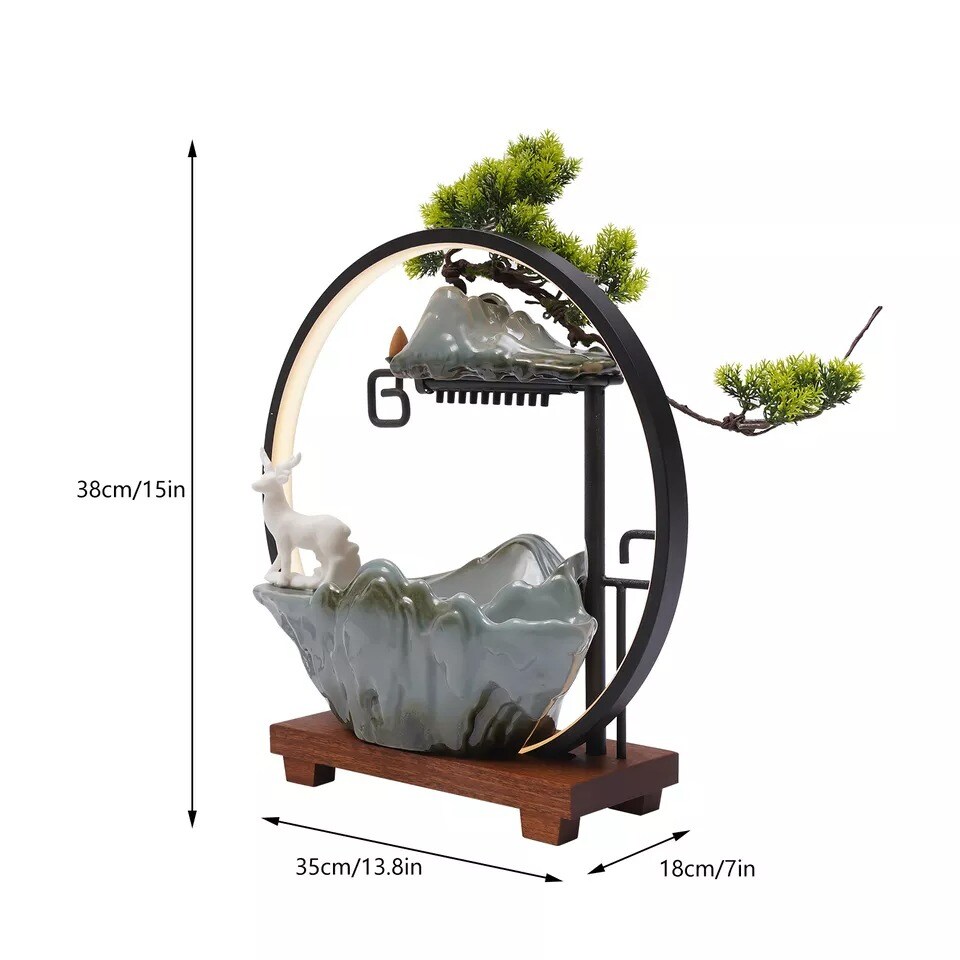 Indoor Water Fountain with Mist LED Light Incense Burner Waterfall Table Decor