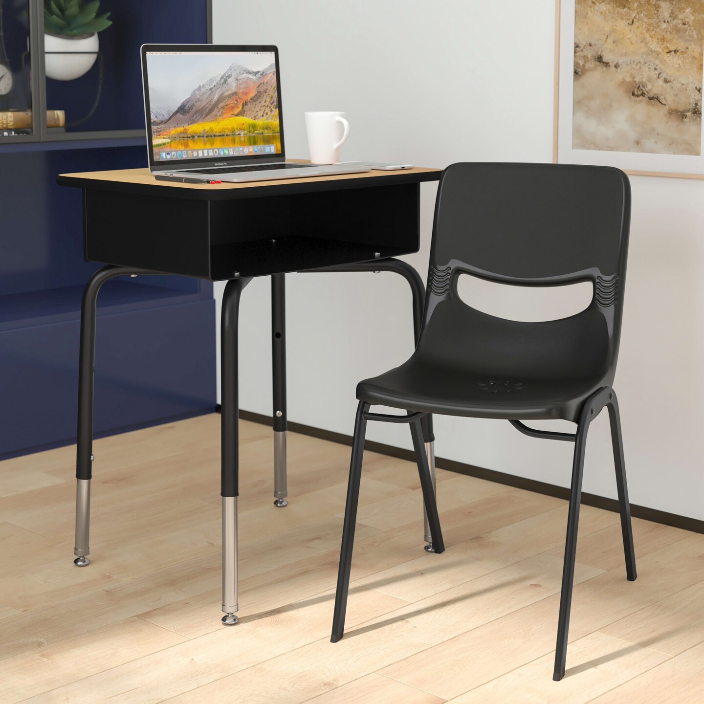 Emma and Oliver Jacobs Desk/Chair Set with Metal Open Front Storage Box, Desktop, Metal Frame and Stackable Flex Comfort Classroom Chair