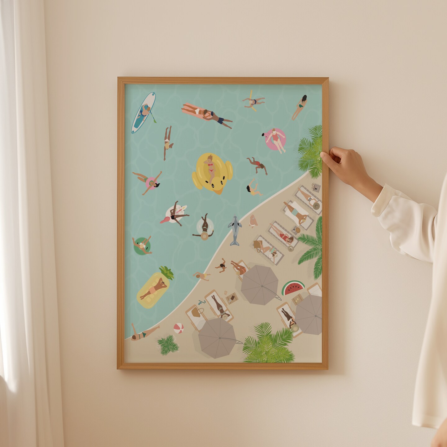 People at Pool Print | Retro Checkerboard Pool | Summer Poster | Tiny People Swimming | Pool House Decor | Physical Art Print Option