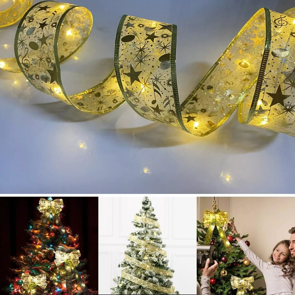 LED Ribbon Fairy String Lights Christmas Tree Top Topper Light Up Bow Xmas Decor