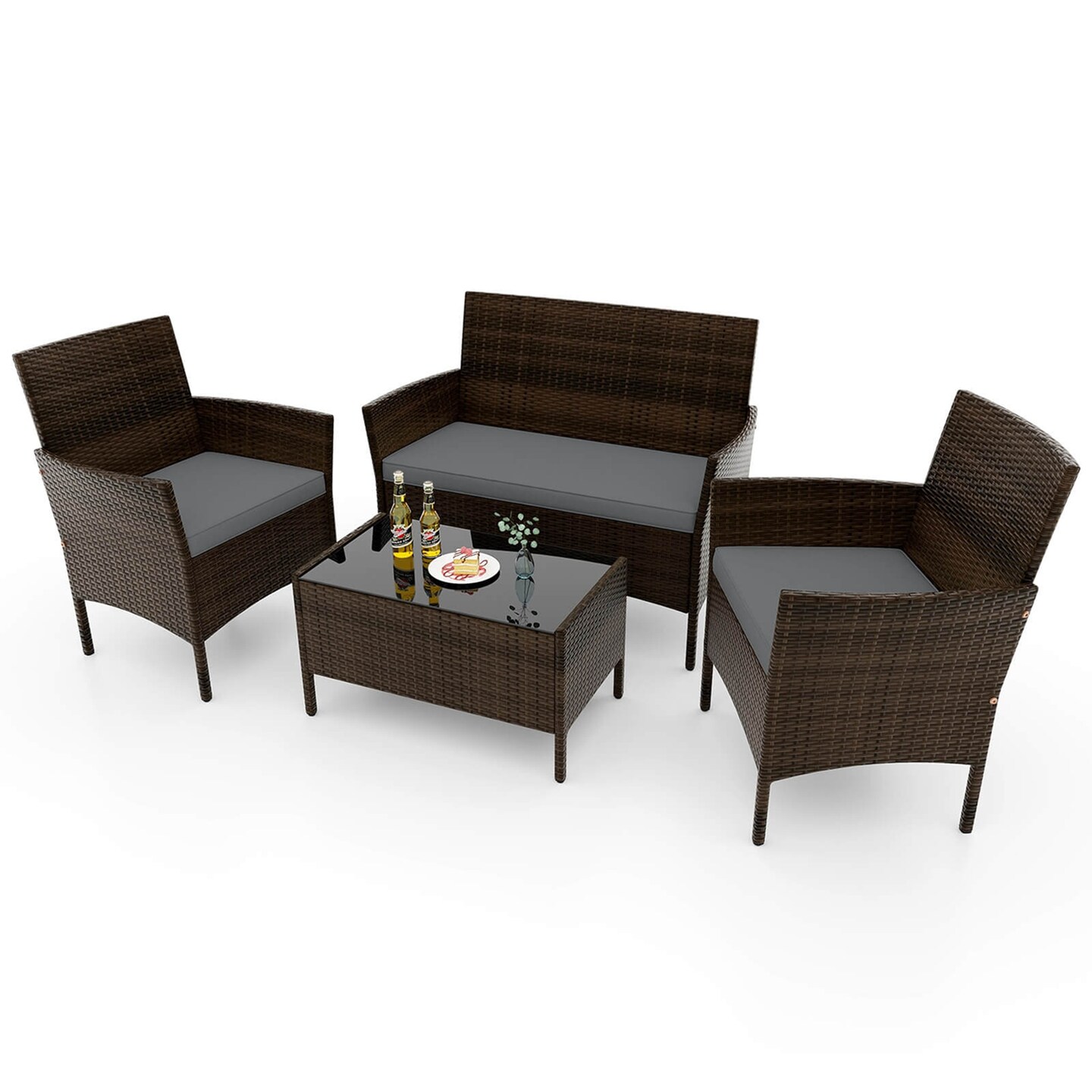 Costway 4 PCS Patio Furniture Set with Washable Cushions and Tempered Glass Coffee Table Beige/Black/Navy/Grey/Turquoise/Red/Blue/Orange