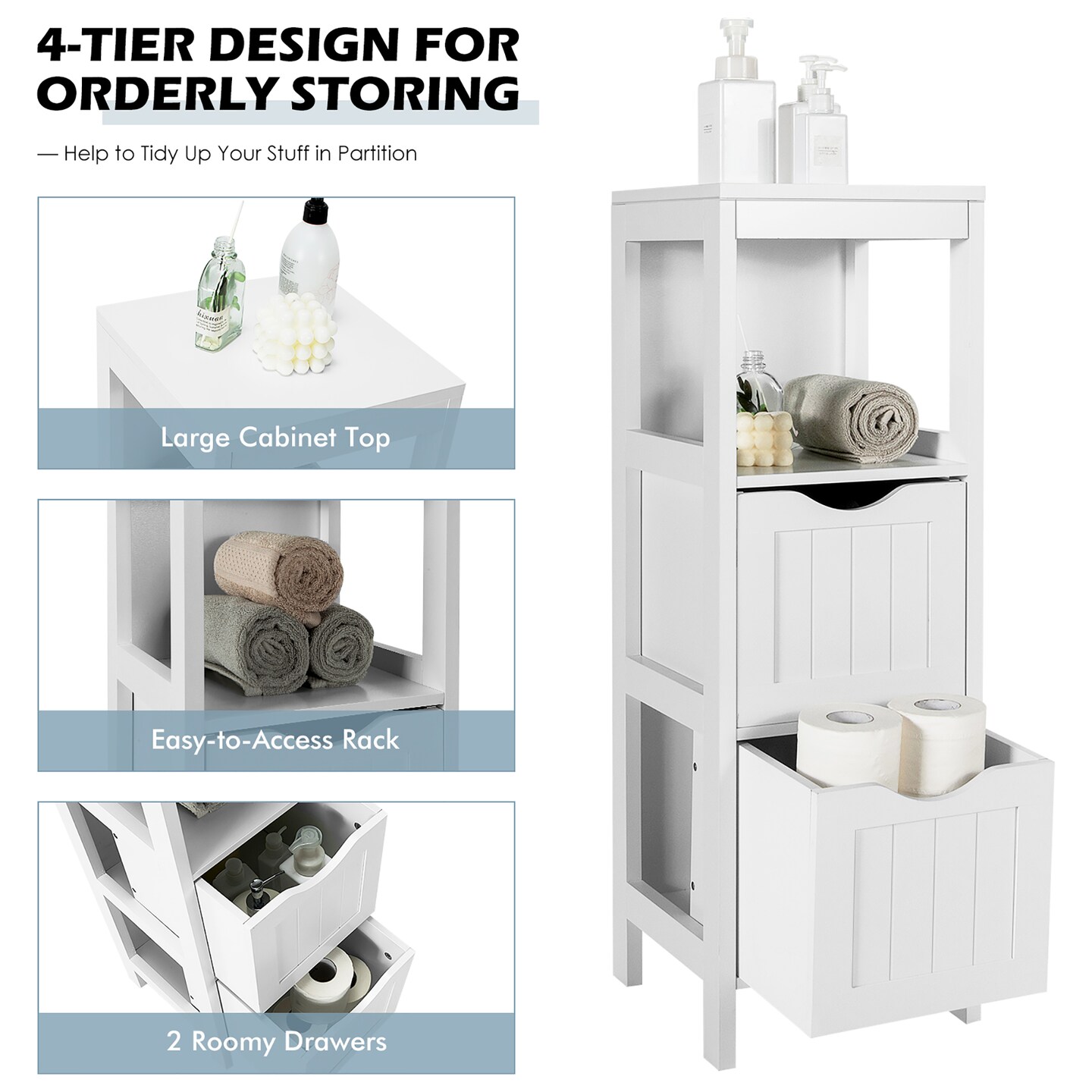 Costway Bathroom Floor Cabinet Freestanding Side Storage Organizer w/2 Removable Drawers