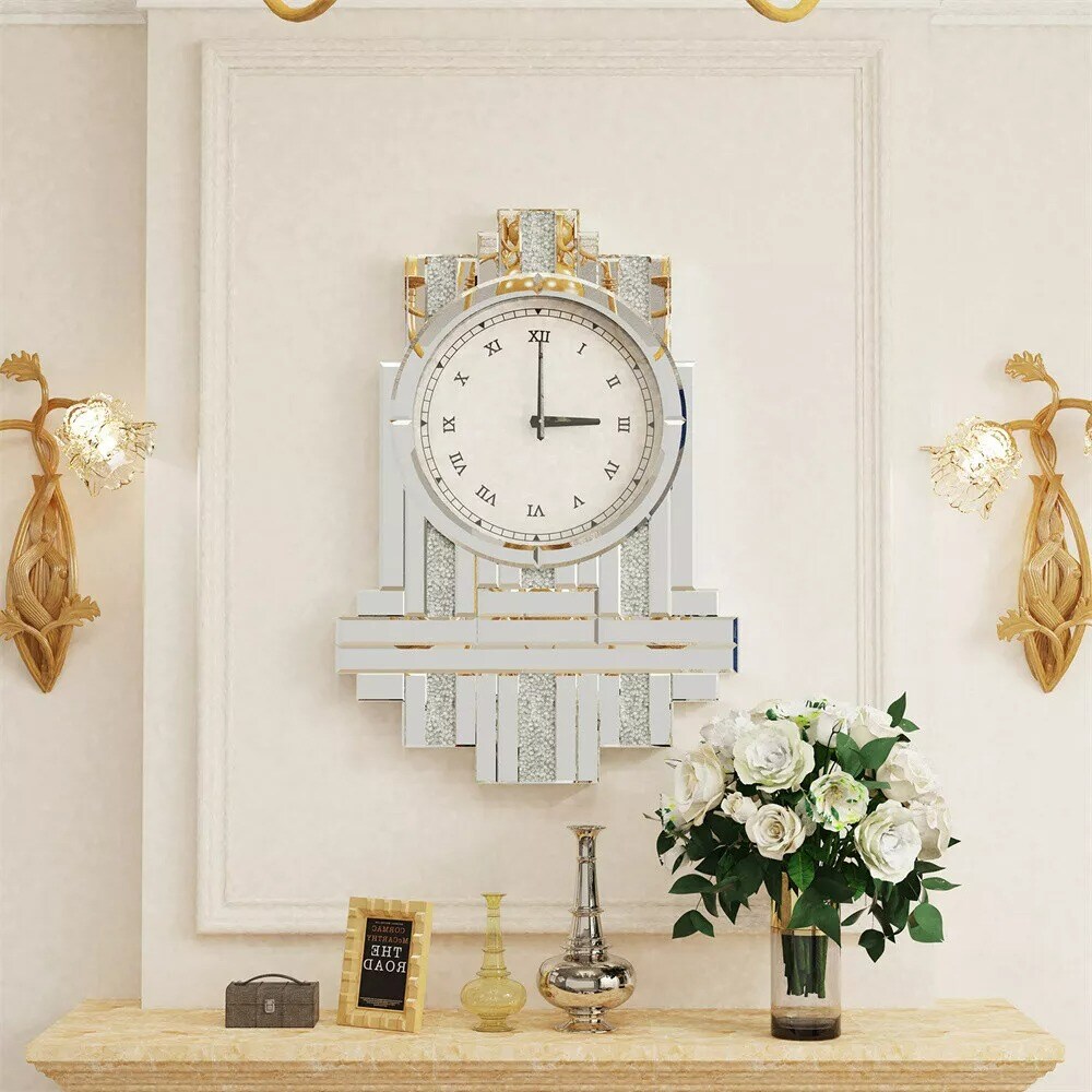 23.6&#x27;&#x27; Mirrored Wall Clock Modern Crystal Crush Diamond Silver Glass Home Decor