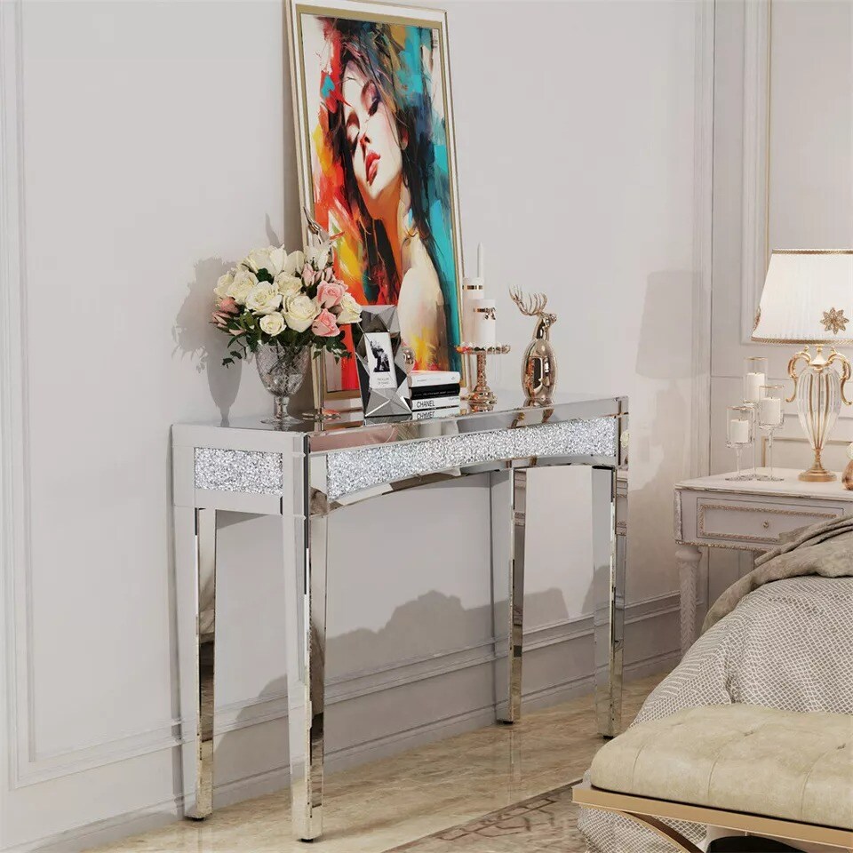 Heavy Duty Mirrored Console Table Diamond Vanity Dresser Desk Silver Glass Shelf