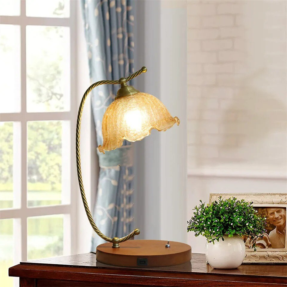 Mid-Century Bedside Table Lamp Modern Glass Flower Desk Lamp Gold Reading Lamp