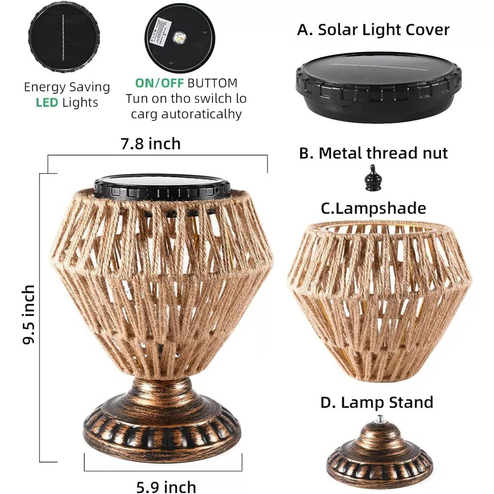 Desk Lamp Rattan Woven Solar Powered Eye-Caring Adjustable Reading Night Light