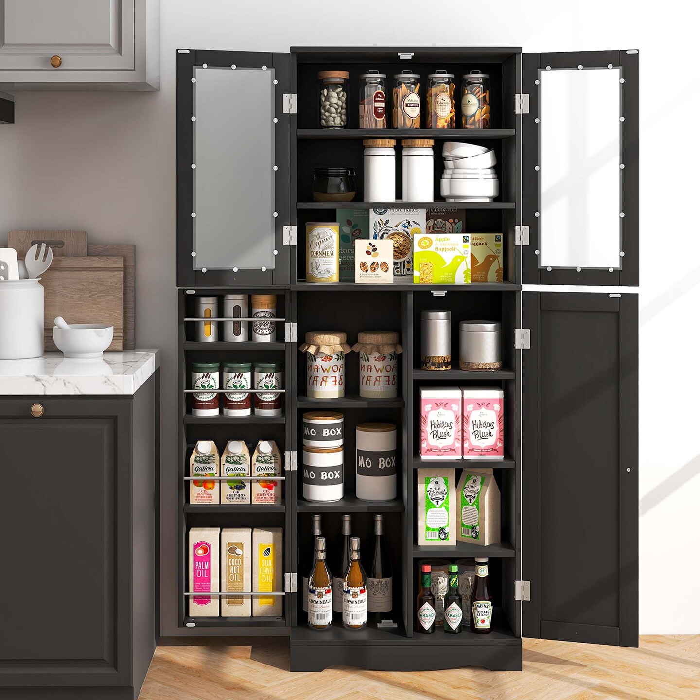 Costway 63.5&#x22; Tall Kitchen Pantry Storage Cabinet with Glass Door Storage Shelves Black/White