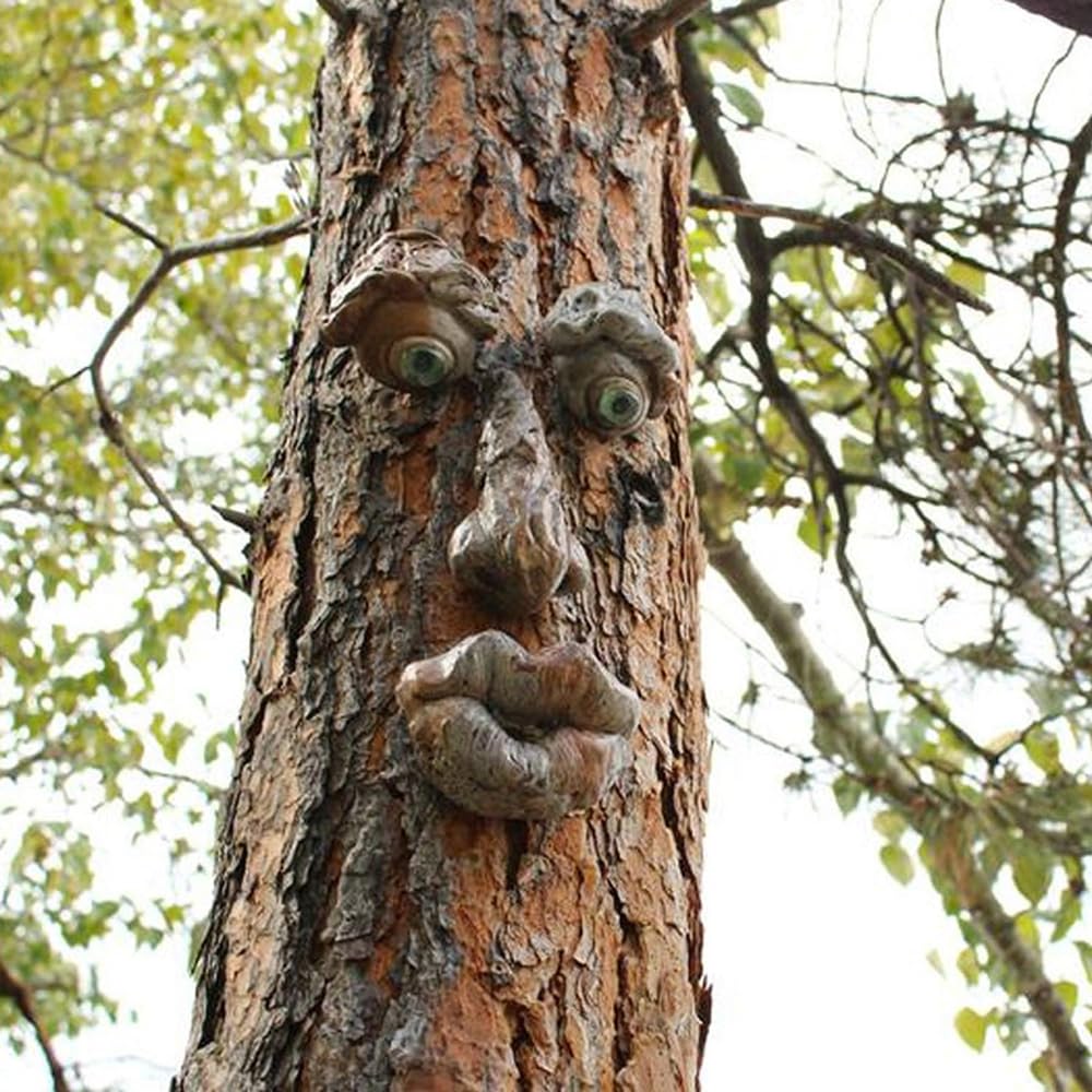 12 Inch Tree Face Outdoor Statues Old Man Tree Hugger Bark Ghost Face Decoration Funny Yard Art, Tree Decor Outdoor for Halloween Easter Garden Creative Props (D)