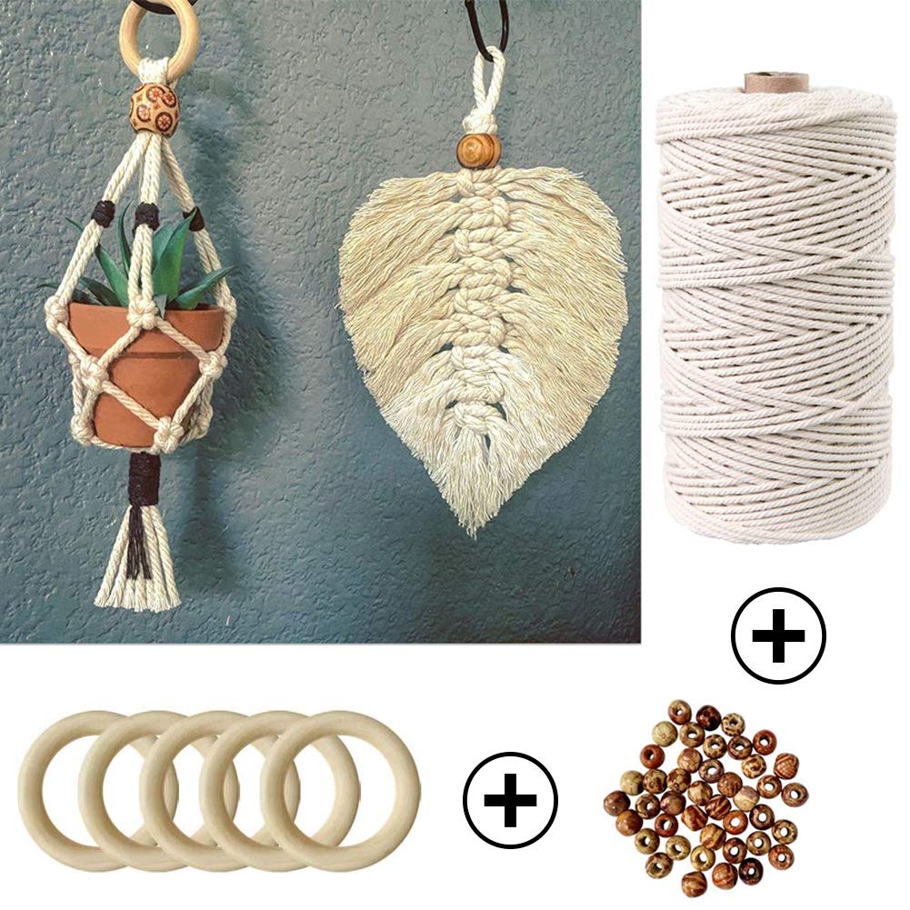 120 Pieces Macrame Kits for Beginners 3mm x 109yards Natural Cotton Macrame Cord with Wooden Beads &#x26; Rings,Wooden Sticks,Metal Rings Macrame Supplies Best for Macrame Plant Hanger