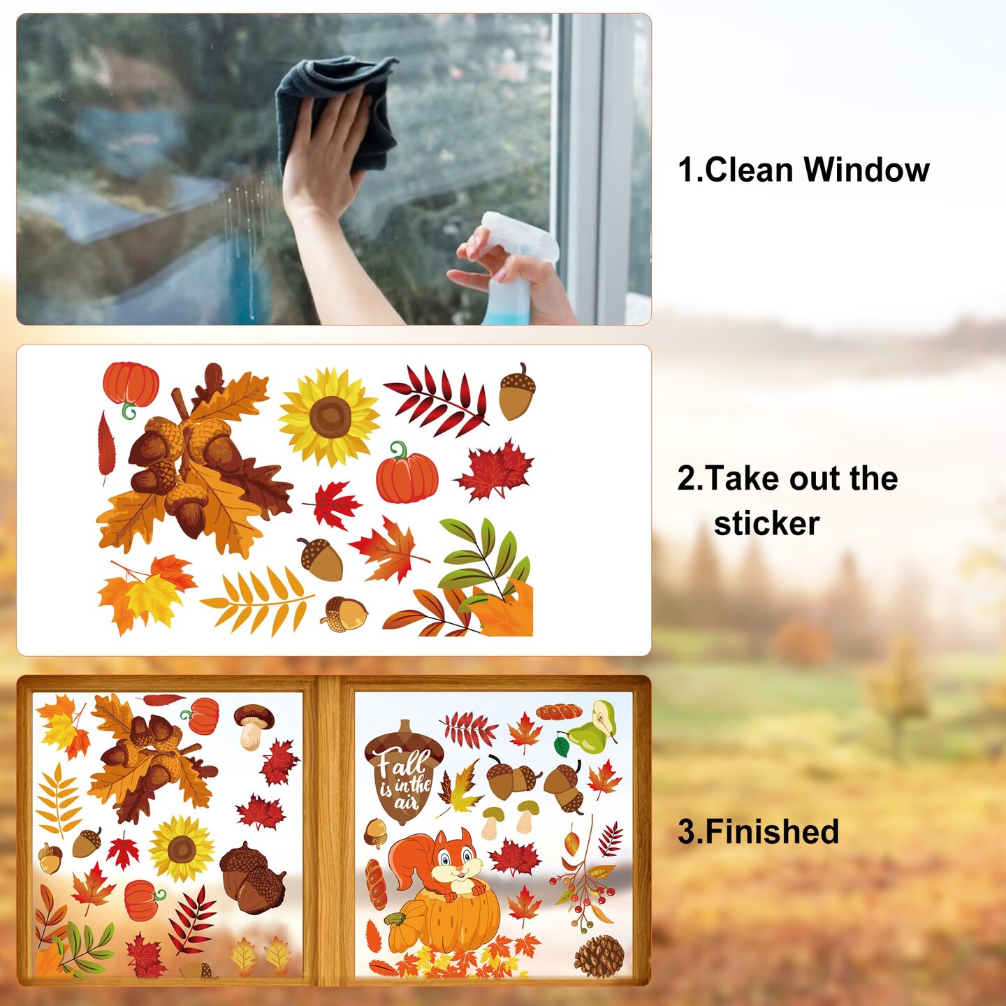 10 Sheets Fall Window Clings for Glass Thanksgiving Clings Decor for Windows Autumn Clings for Windows Fall Window Stickers Thanksgiving Autumn Home Office Decorations for Indoor Outdoor, School Home Supplies