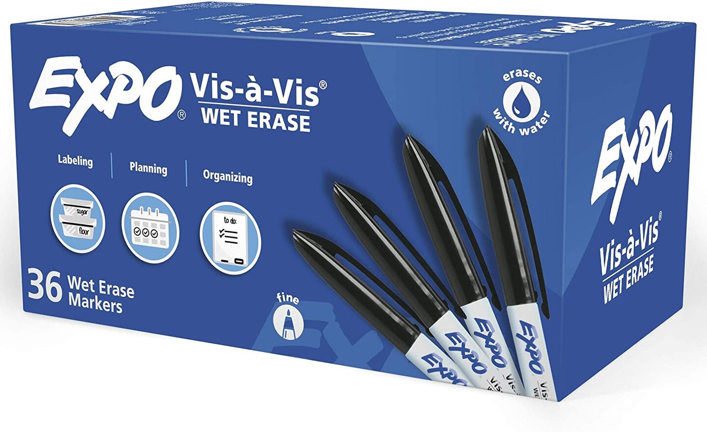 Vis-&#xC0;-Vis Wet Erase Markers, Fine Point, Black, 12 Count
