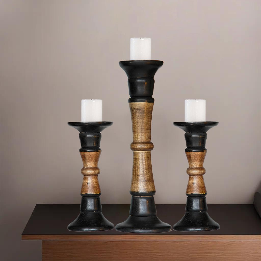 Eco-Friendly Handmade Mango Wood Dark Polish Set Of 3 Pillar