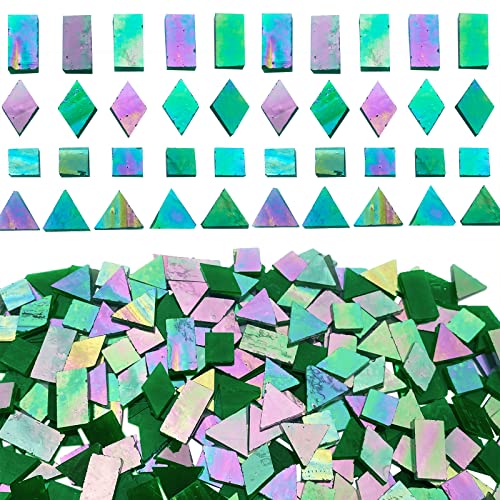 280 Pieces Iridescent Green Mosaic Tiles for Crafts,  Mixed 4 Shapes Stained Glass Sheets, Stained Glass Supplies for Mosaic Projects