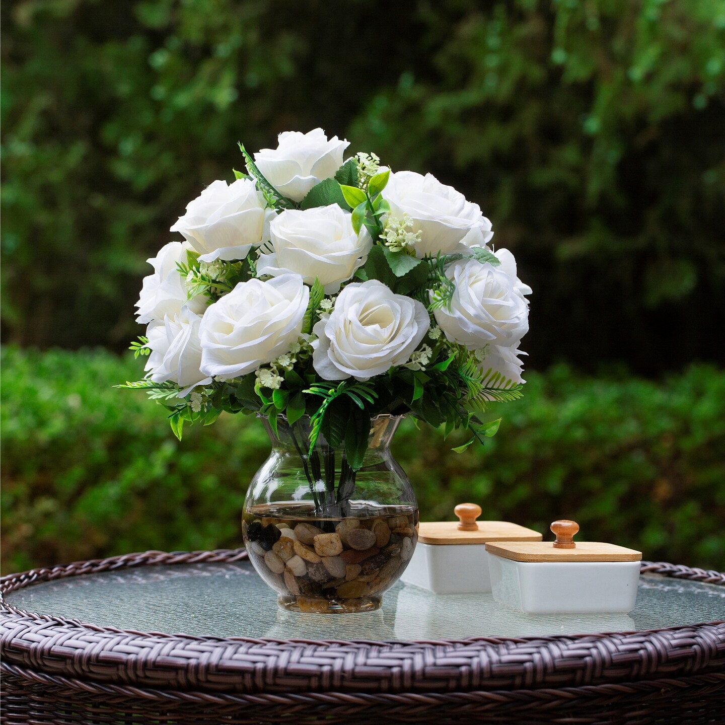 18 Heads Silk Rose Artificial Flowers in Vase,Faux Rose Flowers Arrangement in Round Bowl Vase with Faux Water and River Rock for Table Deco - image10