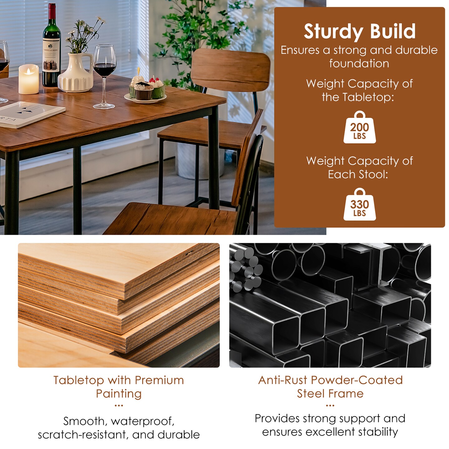 Costway 5-Piece Industrial Dining Table Set with Counter Height Table &#x26; 4 Bar Stools Black/Grey/Walnut
