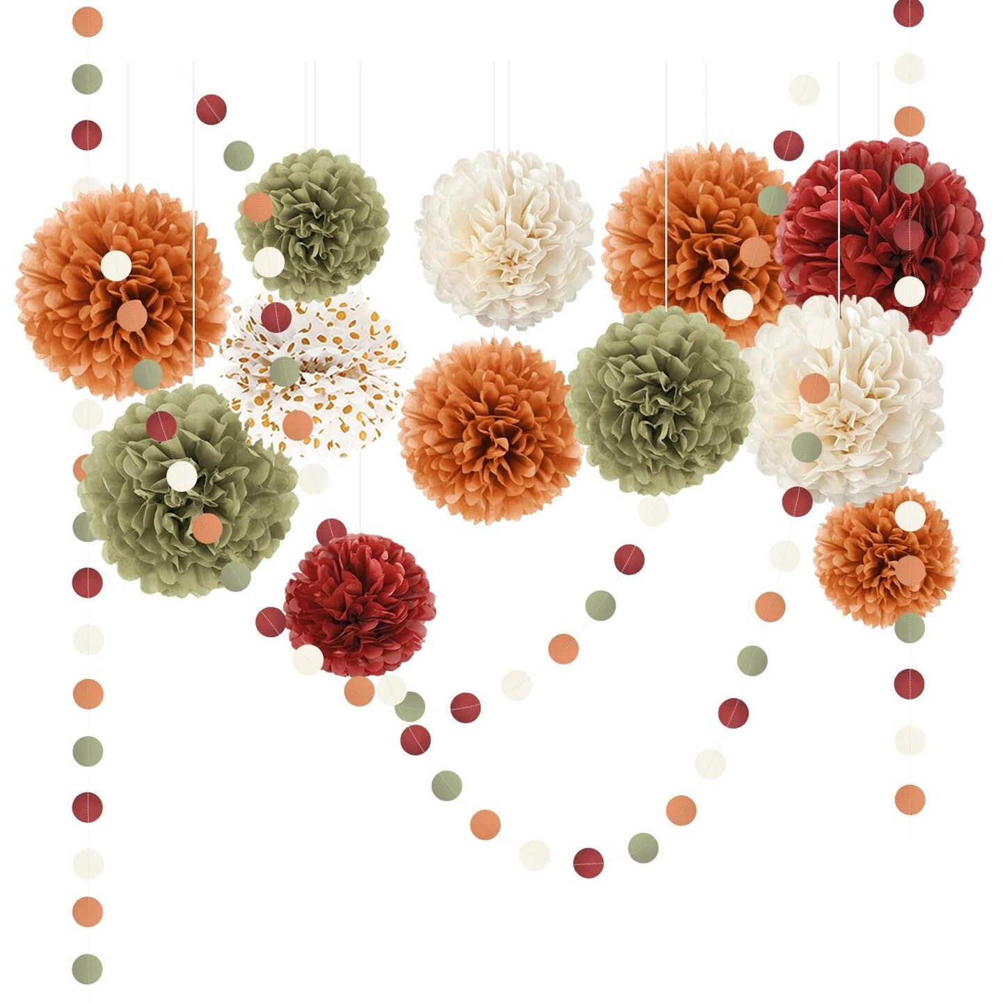 15 Pieces Fall Wedding Decorations - Pumpkin Orange Sage Green Ivory Tissue Pom Poms Decor, Dots Paper Garland for Thanksgiving, Baby Shower, Autumn Harvest Party Supplies