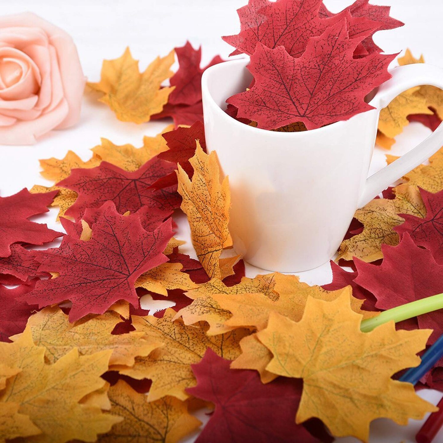 300 Pieces Artificial Autumn Maple Leaves Mixed Fall Colored Leaf for Weddings, Events, Art Scrapbooking and Thanksgiving Day Decorations (Red)