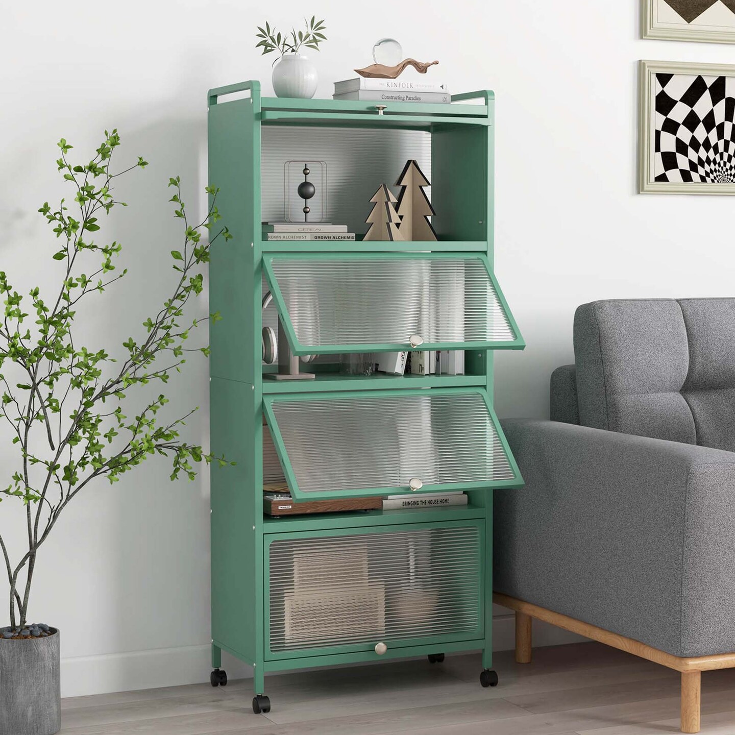 Costway 5-Tier Kitchen Baker's Rack Storage Cabinet Mobile Microwave Stand Flip-up Doors White/Black/Grey/Green