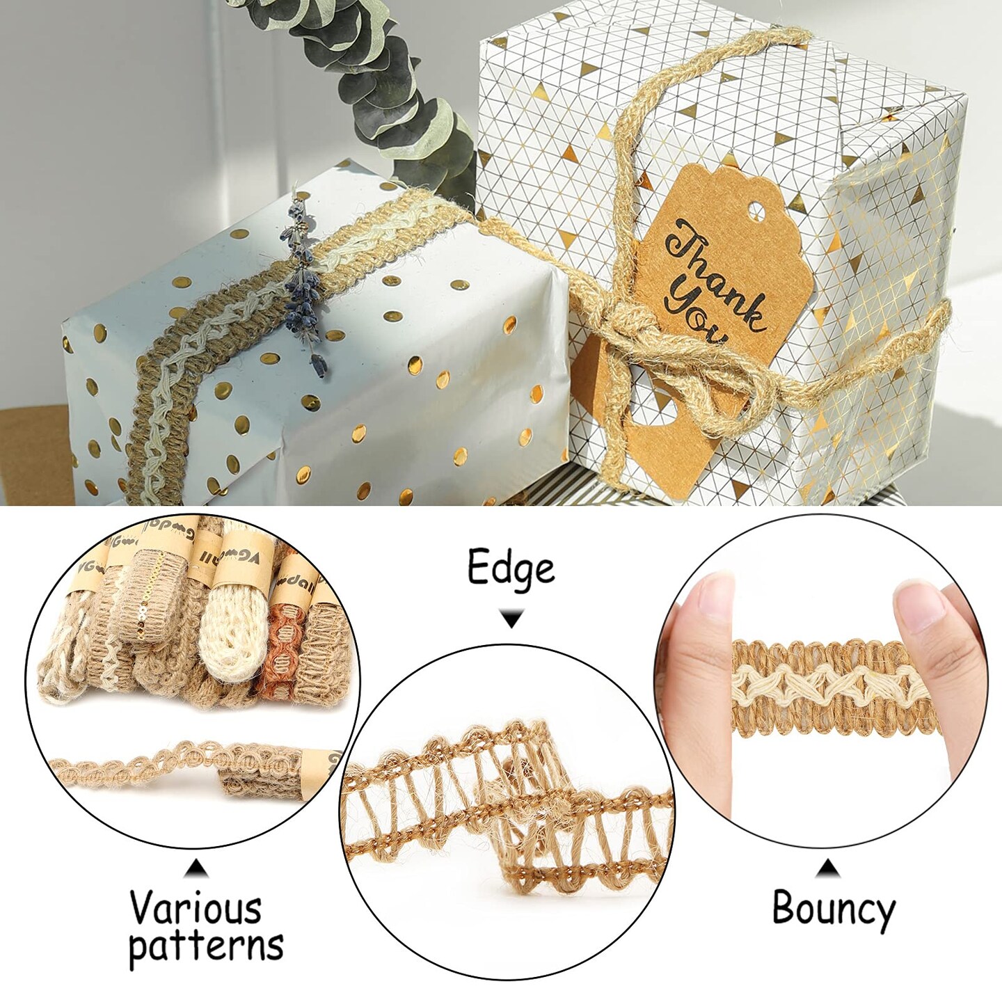 9 Rolls Jute Ribbons Lace Craft Ribbon 18 Meters for Crafts Wraping Gifts Party Holiday and Rustic Wedding Decorations