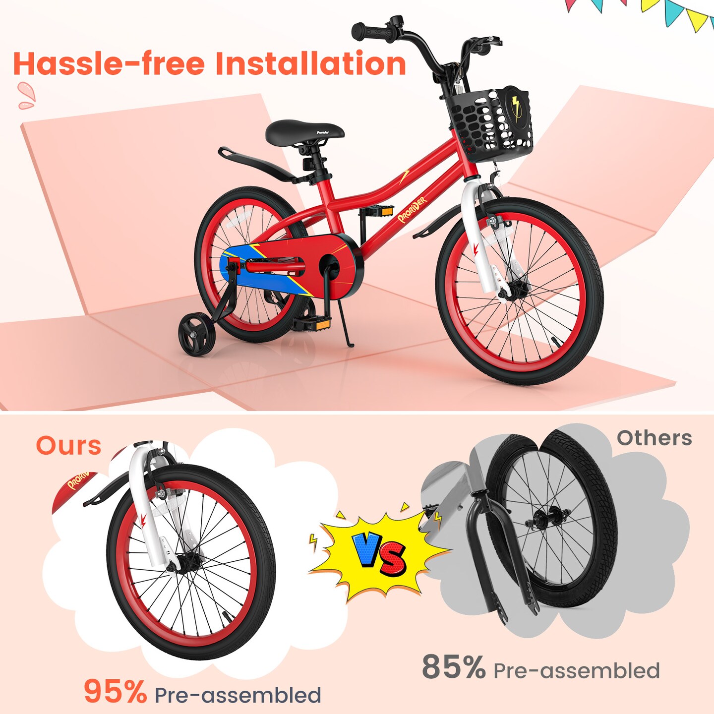 Prorider 18'' Kid's Bike with Removable Training Wheels & Basket for 4-8 Years Old White/Blue/Red/Skyblue