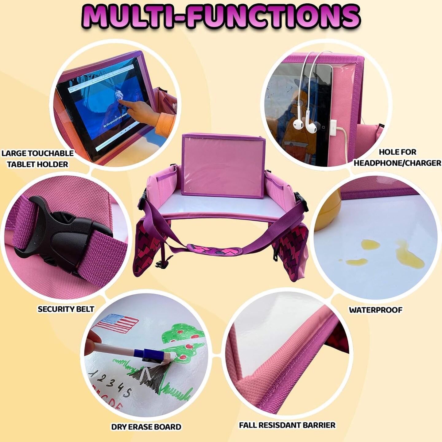 Travel Tray, Toddler Car Seat, Lap Desk and Dry Erase Board, Activity Organizer with Markers, Food and Snack Table, Tablet and Cup Holder, Road Trip Essential, Portable Desk for Kids.