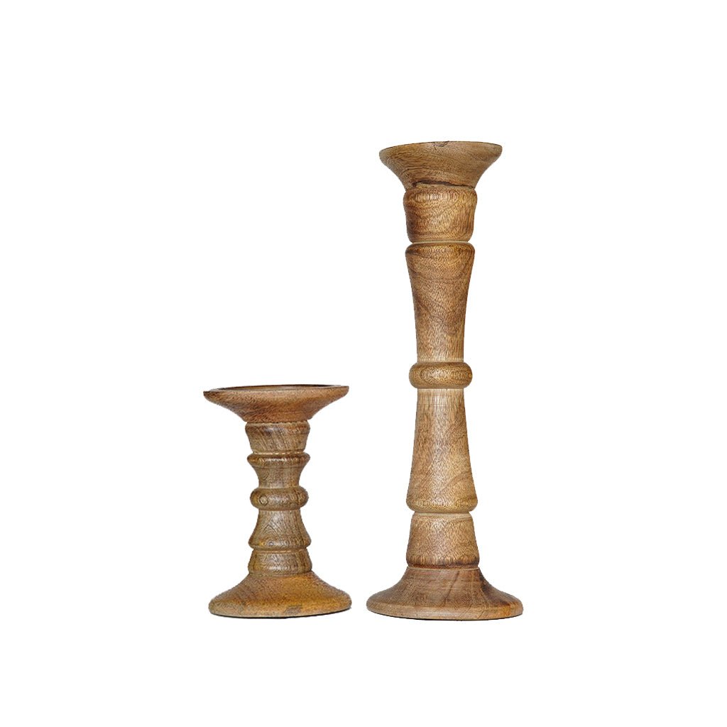 Handmade Mango Wood Pillar Candle Holders Set Of 2 Eco-Friendly Walnut Color